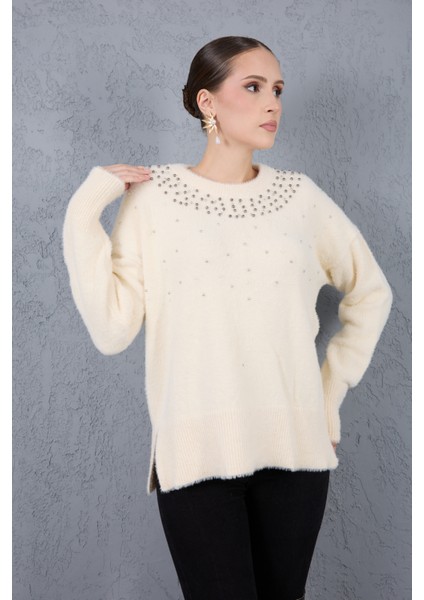 Kadın Ekru Sakal Iplik Yan Yırtmaçlı Inci Detaylı Bisiklet Yaka Triko Kazak fiyatları