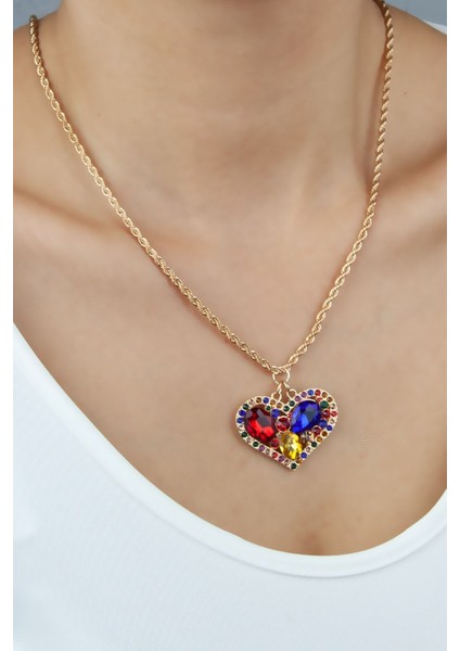Burgu Zincir Renkli Taşlı Kalp Uçlu Kolye fiyatları