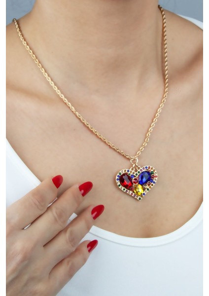 Burgu Zincir Renkli Taşlı Kalp Uçlu Kolye modelleri