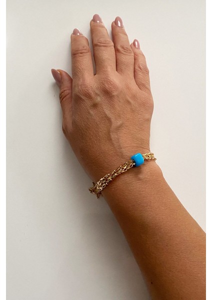 Mavi Taşlı Gold Bileklik