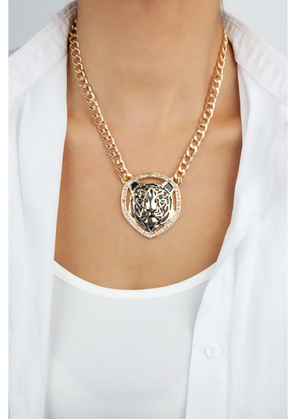 Kaplan Figürlü Zirkon Taşlı Zincir Kolye