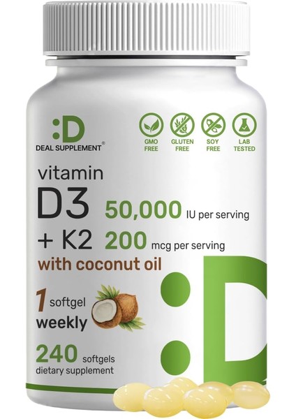 Vitamin D3 50,000 Iu + K2 Mk7 Coconut Oil Bone, Teeth & Immune Health 240 Softgels