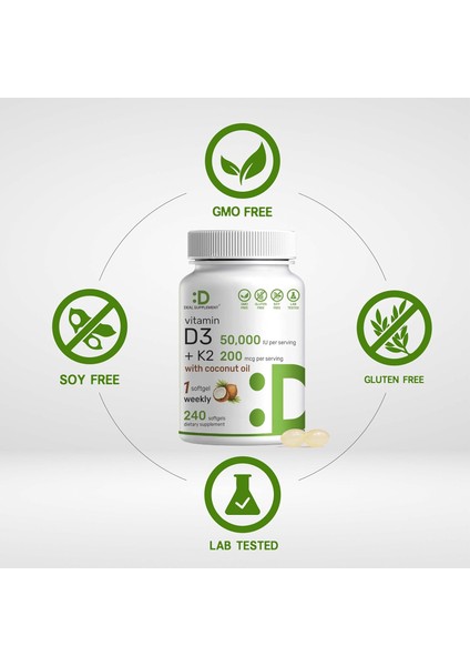 Vitamin D3 50,000 Iu + K2 Mk7 Coconut Oil Bone, Teeth & Immune Health 240 Softgels fiyatları