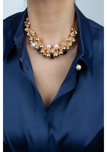 Inci ve Küp Kristal Detay Gold Salkım Kolye