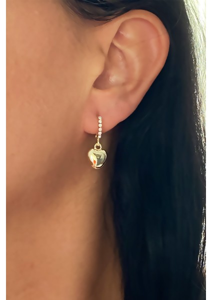 Zirkon Taşlı Gold Kalp Detay Küpe