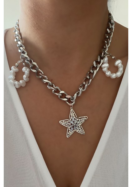 Yıldız Uçlu Inci Detay Gümüş Renk Kolye