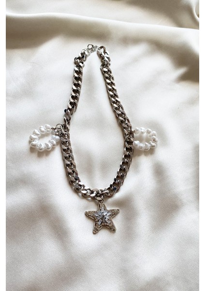 Yıldız Uçlu Inci Detay Gümüş Renk Kolye modelleri