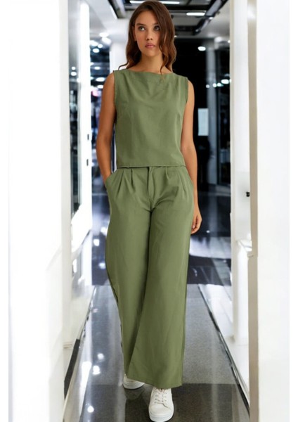 Yazlık Kolsuz Alt Üst Keten Takım