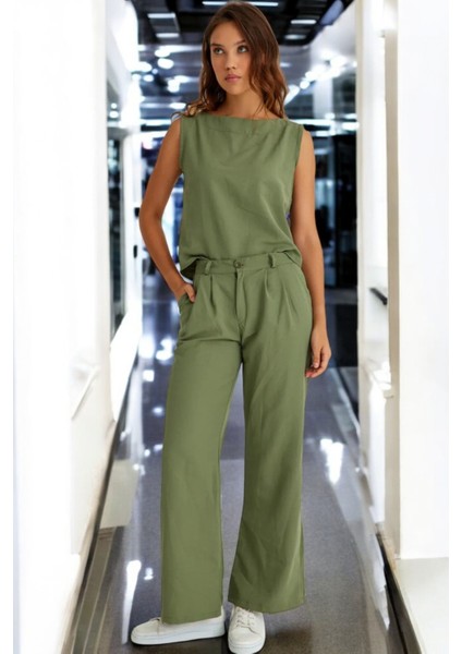 Yazlık Kolsuz Alt Üst Keten Takım