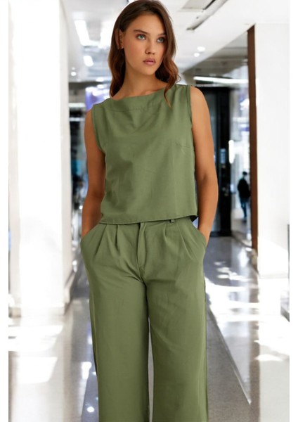 Yazlık Kolsuz Alt Üst Keten Takım