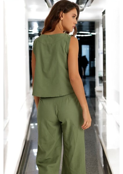 Yazlık Kolsuz Alt Üst Keten Takım