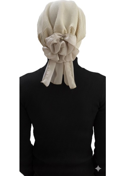 Lüks Plise Bej Arkası Şifon Çiçek Detaylı Hazır Türban Tesettür Bone indirimleri