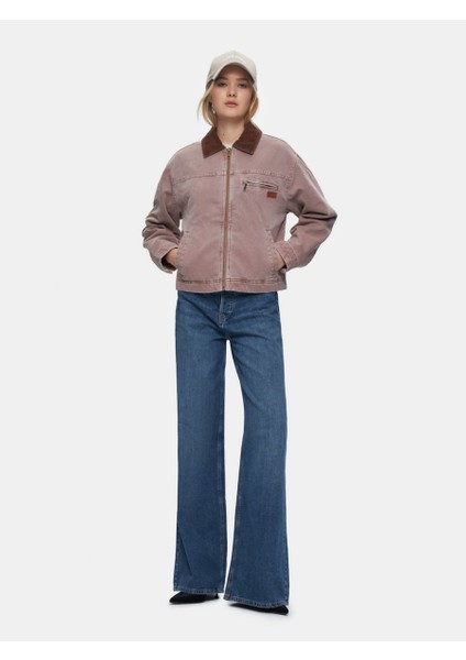 Uzun Kollu Fermuarlı Kadife Yakalı Pembe Ceket