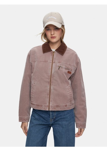 Uzun Kollu Fermuarlı Kadife Yakalı Pembe Ceket fiyatları