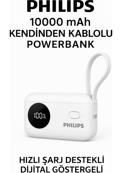 Dahili Kablolu Powerbank, 10000 Mah, Dahili Type-C ve Lightning Kablo, Dijital Ekran, Akım Korumalı