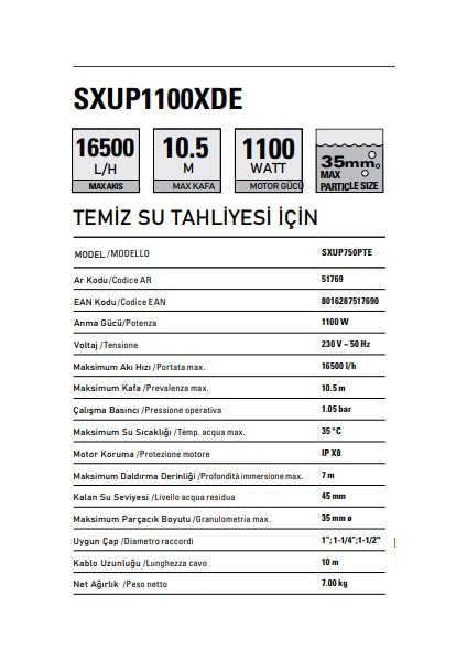 SXUP1100XDE Su Tahliye Pompası