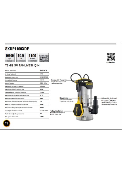 SXUP1100XDE Su Tahliye Pompası modelleri