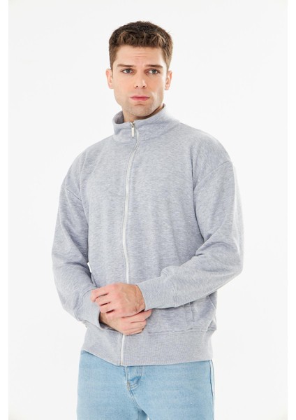 Erkek Tam Fermuarlı Pamuklu Eşofman Üstü Gri Melanj 9507-G