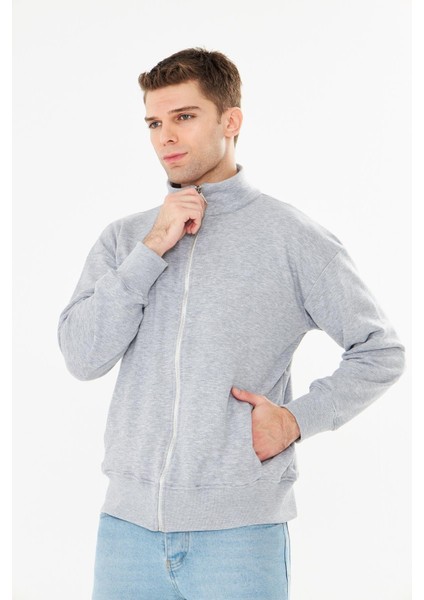 Erkek Tam Fermuarlı Pamuklu Eşofman Üstü Gri Melanj 9507-G fırsatları