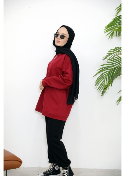 Kapşonlu Fermuar Detay Hırka-Kırmızı