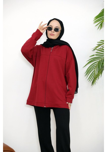 Kapşonlu Fermuar Detay Hırka-Kırmızı fiyatları