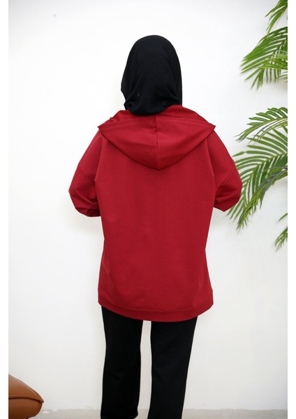 Kapşonlu Fermuar Detay Hırka-Kırmızı fırsatları