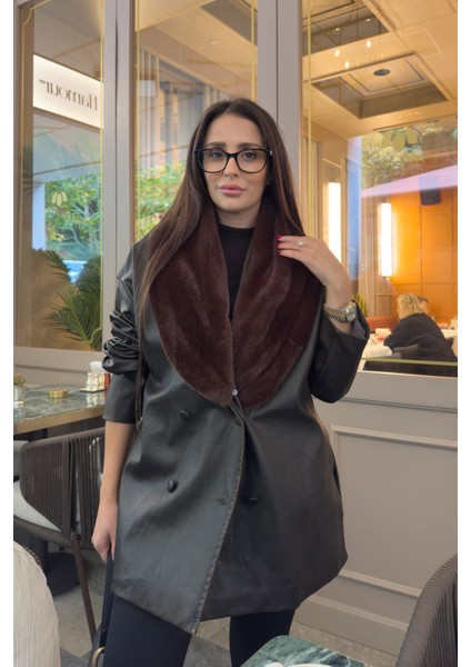 Ferelle Kürklü Şal Yaka Deri Kaban- Kahverengi