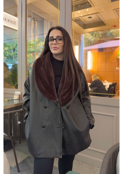 Ferelle Kürklü Şal Yaka Deri Kaban- Kahverengi fırsatları