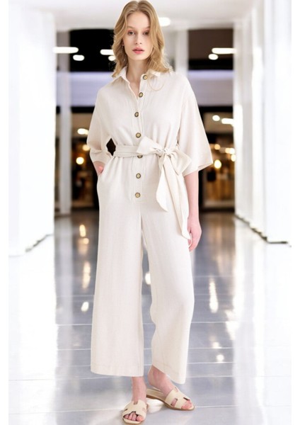 Yazlık Rahat Gömlek Yaka Keten Tulum