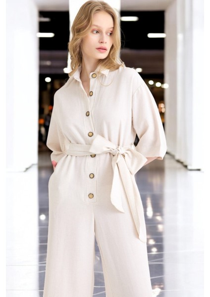 Yazlık Rahat Gömlek Yaka Keten Tulum