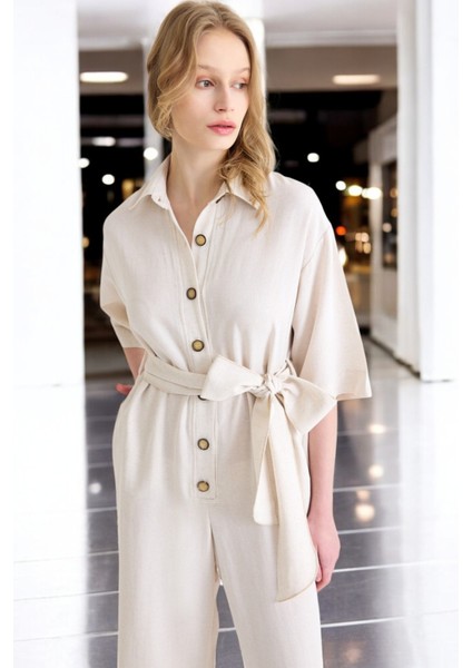 Yazlık Rahat Gömlek Yaka Keten Tulum