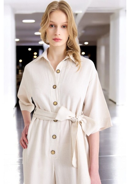 Yazlık Rahat Gömlek Yaka Keten Tulum