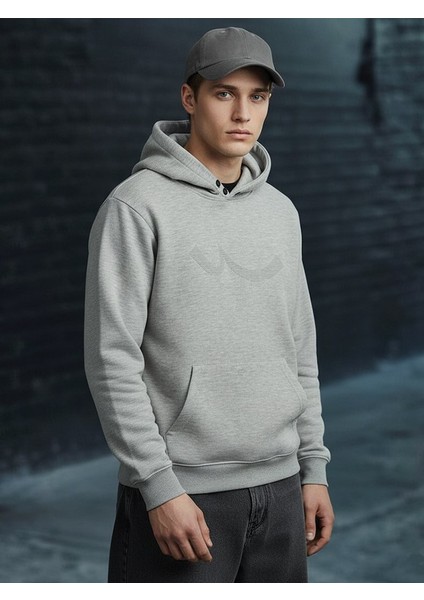 Uzun Kollu Kapüşonlu Sign Baskılı Gri Sweatshırt