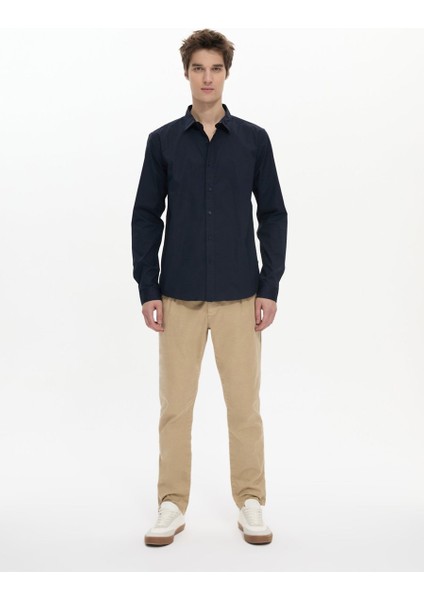 Uzun Kollu Önü Düğmeli Basic Lacivert Gömlek