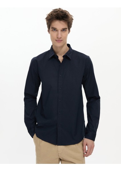 Uzun Kollu Önü Düğmeli Basic Lacivert Gömlek fiyatları