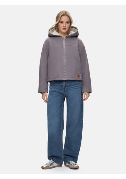 Uzun Kollu Kapüşonlu Peluş Astarlı Mor Ceket