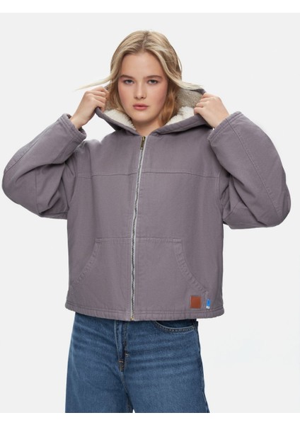 Uzun Kollu Kapüşonlu Peluş Astarlı Mor Ceket fiyatları
