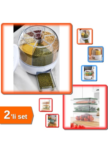 Döner Kuru Gıda ve Bakliyat Kabı 6lt Hava Geçirmez + Mikrodalga Uyumlu Tupper 5lt - 2li Set K3D7A1