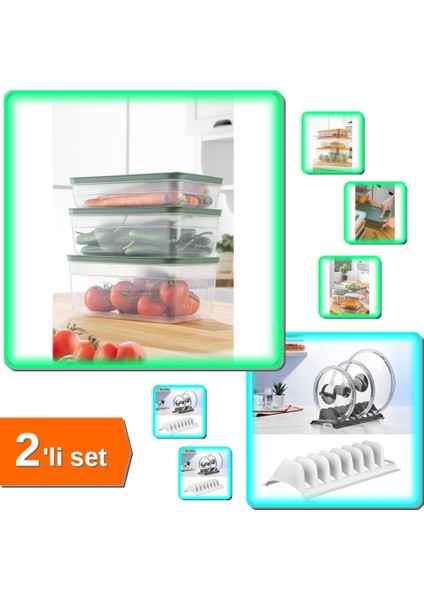 5lt Vakumlu Mikrodalga Buzluk Saklama Kabı + 2 Adet 8 Bölmeli Tencere Kapak Rafı - 2li Set ABC123