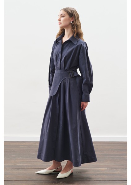 Kemer Detaylı Pileli Elbise Lacivert modelleri