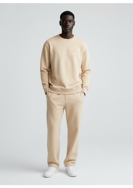 Uzun Kollu Sıfır Yaka Sign Baskılı Bej Sweatshırt