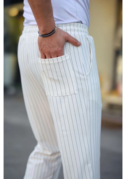 Erkek Cizgili Dokuma Krep Jogger Buggy Pantalon Rahat Kalıp - Beyaz