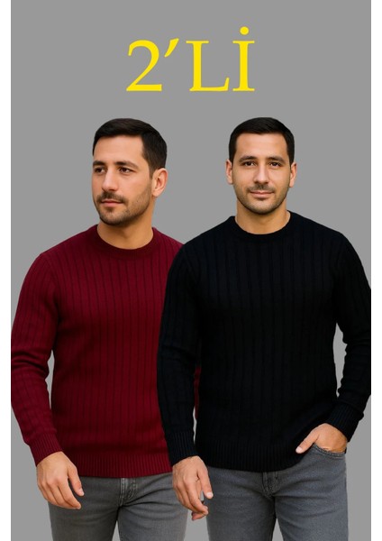 Erkek Fitilli Triko Kazak 2’li Set – Siyah & Bordo, Kalın Dokuma Pamuklu Regular Fit Bisiklet Yaka Uzun Kollu Rahat Kışlık Kazak Kombini