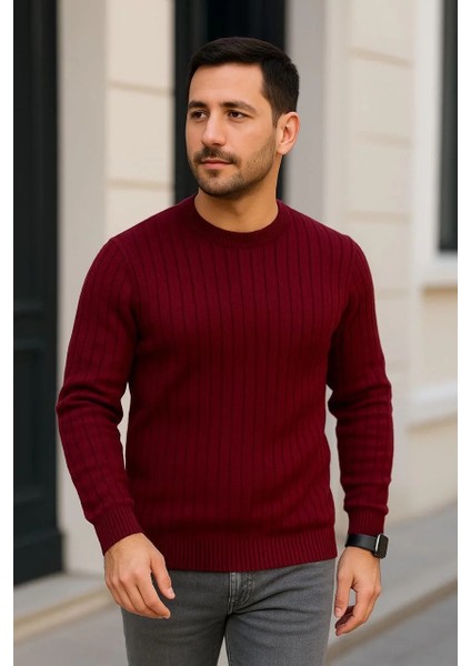 Erkek Fitilli Triko Kazak 2’li Set – Siyah & Bordo, Kalın Dokuma Pamuklu Regular Fit Bisiklet Yaka Uzun Kollu Rahat Kışlık Kazak Kombini modelleri