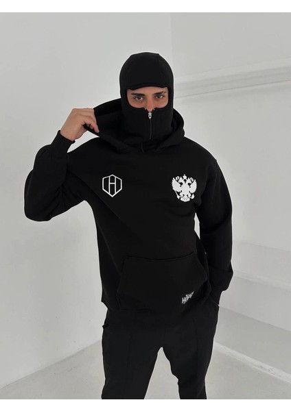 Samuray Ninja Çift Kapşonlu Zıp Fermuarlı Kanguru Çepli Tam Fermuarlı Hoodie Ön ve Arka Baskılı Maske Detaylı Swetshirt - Siyah
