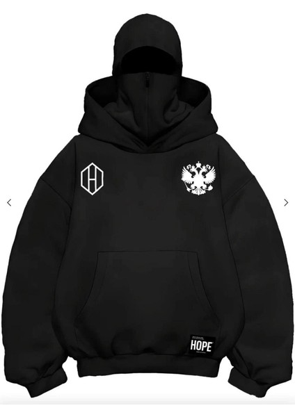 Samuray Ninja Çift Kapşonlu Zıp Fermuarlı Kanguru Çepli Tam Fermuarlı Hoodie Ön ve Arka Baskılı Maske Detaylı Swetshirt - Siyah modelleri