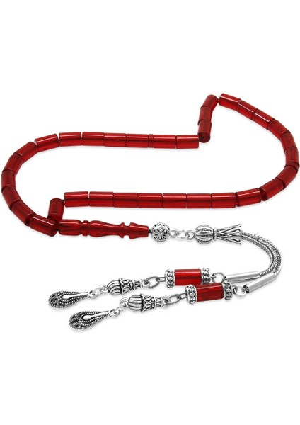 Ateş Kehribar Tesbih - Kararmaz Metal Damla Püsküllü - Bayrak Kırmızı - Mini Boy - Kesme Kesim