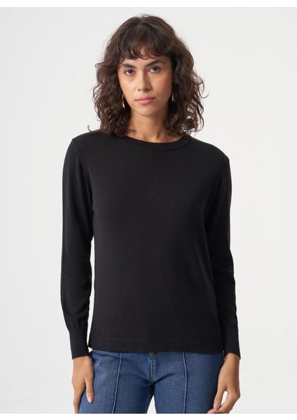 Bisiklet Yaka Normal Düz Siyah Kazak Kadın M1MZ1030240010