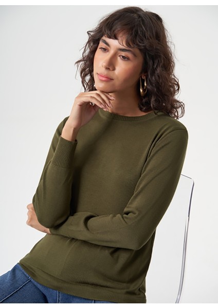 Bisiklet Yaka Normal Düz Haki Kazak Kadın M1MZ1030240010 fiyatları