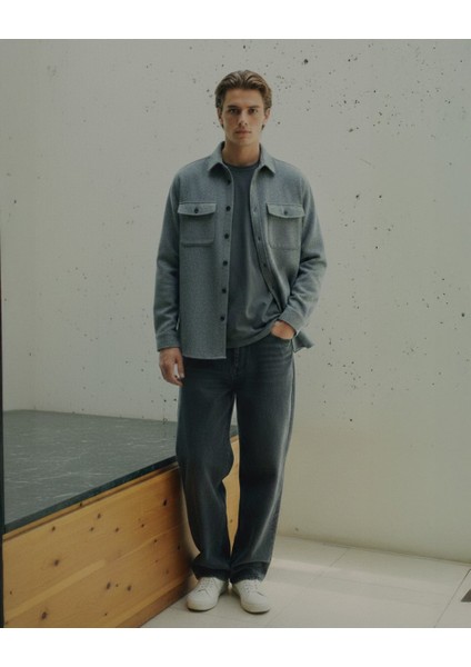 Uzun Kollu Önü Düğmeli Basic Antrasit Gömlek